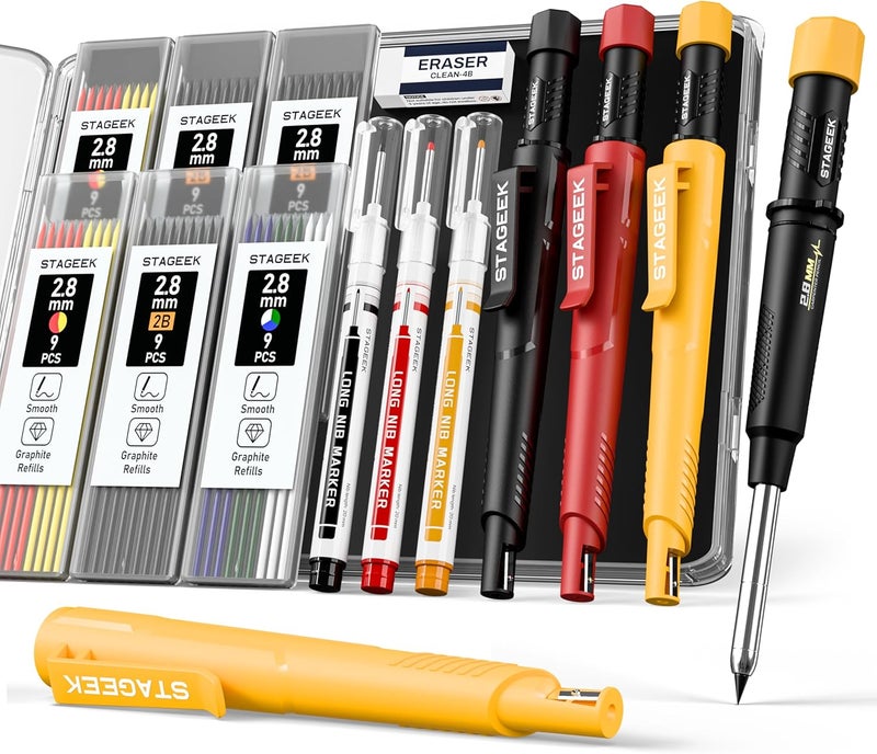 STAGEEK 3 Pack Carpenter Pencils with Sharpener, Mechanical Carpenter Pencils with 57 Refills, construction pencil heavy duty Woodworking Tools, Deep Hole Long Nib Marker Pens for Architect Marking - Image 1